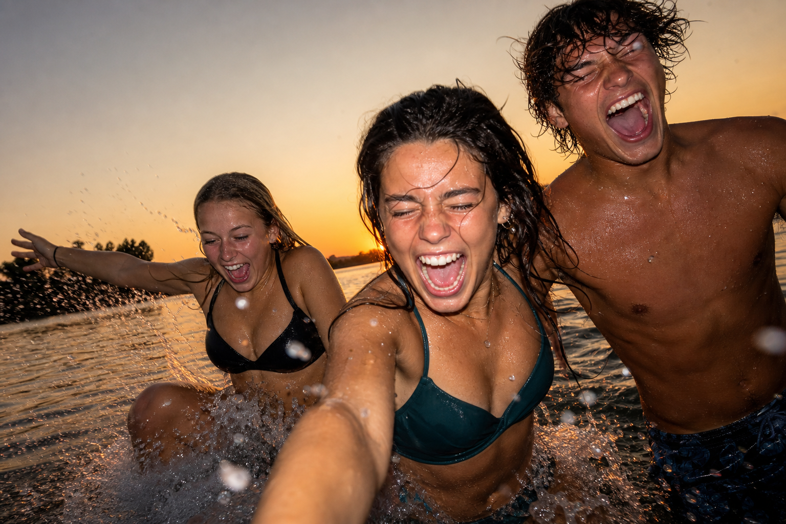 A joyful leap into open water at golden hour — a core memory in the making